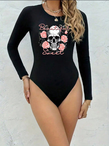 Skull & Flower Printed Round Neck Long Sleeve Bodysuit For Casual Wear