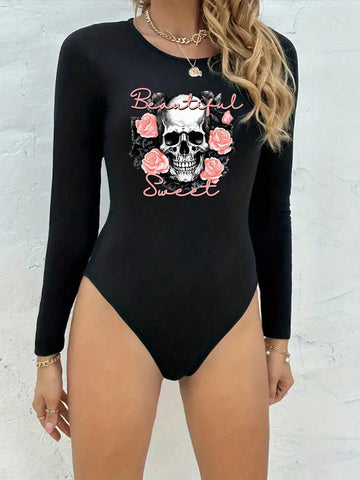 Skull & Flower Printed Round Neck Long Sleeve Bodysuit For Casual Wear