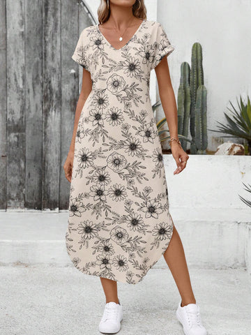 Slant Pocket Split Hem Tee Print Dress