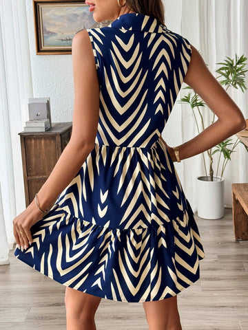 Sleeveless Chevron Print Ruffle Hem Smock Dress For Summer