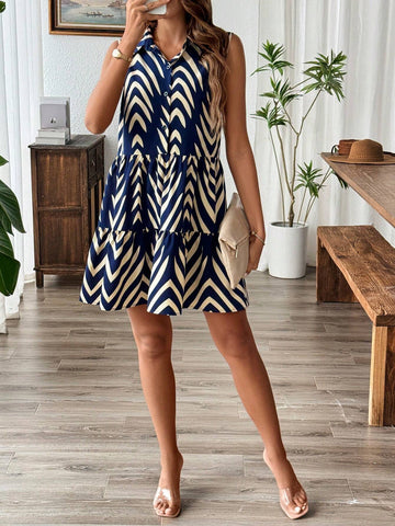 Sleeveless Chevron Print Ruffle Hem Smock Dress For Summer