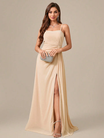 Sleeveless, Floor-Length, Chiffon Evening Dress With Pleated Waist, Slit And Elegant Elegant