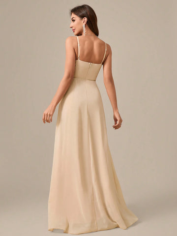 Sleeveless, Floor-Length, Chiffon Evening Dress With Pleated Waist, Slit And Elegant Elegant