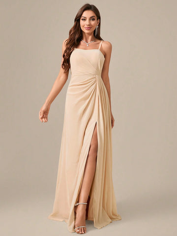 Sleeveless, Floor-Length, Chiffon Evening Dress With Pleated Waist, Slit And Elegant Elegant