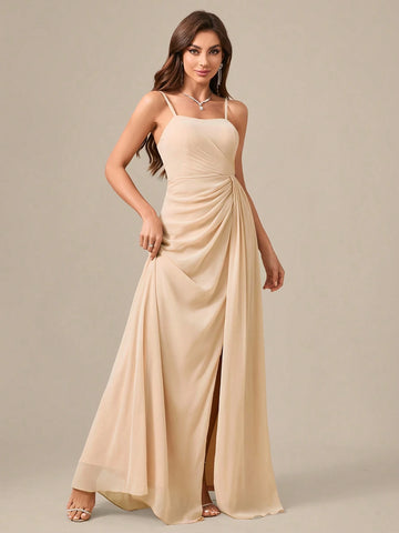 Sleeveless, Floor-Length, Chiffon Evening Dress With Pleated Waist, Slit And Elegant Elegant