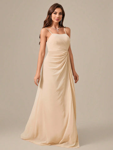 Sleeveless, Floor-Length, Chiffon Evening Dress With Pleated Waist, Slit And Elegant Elegant