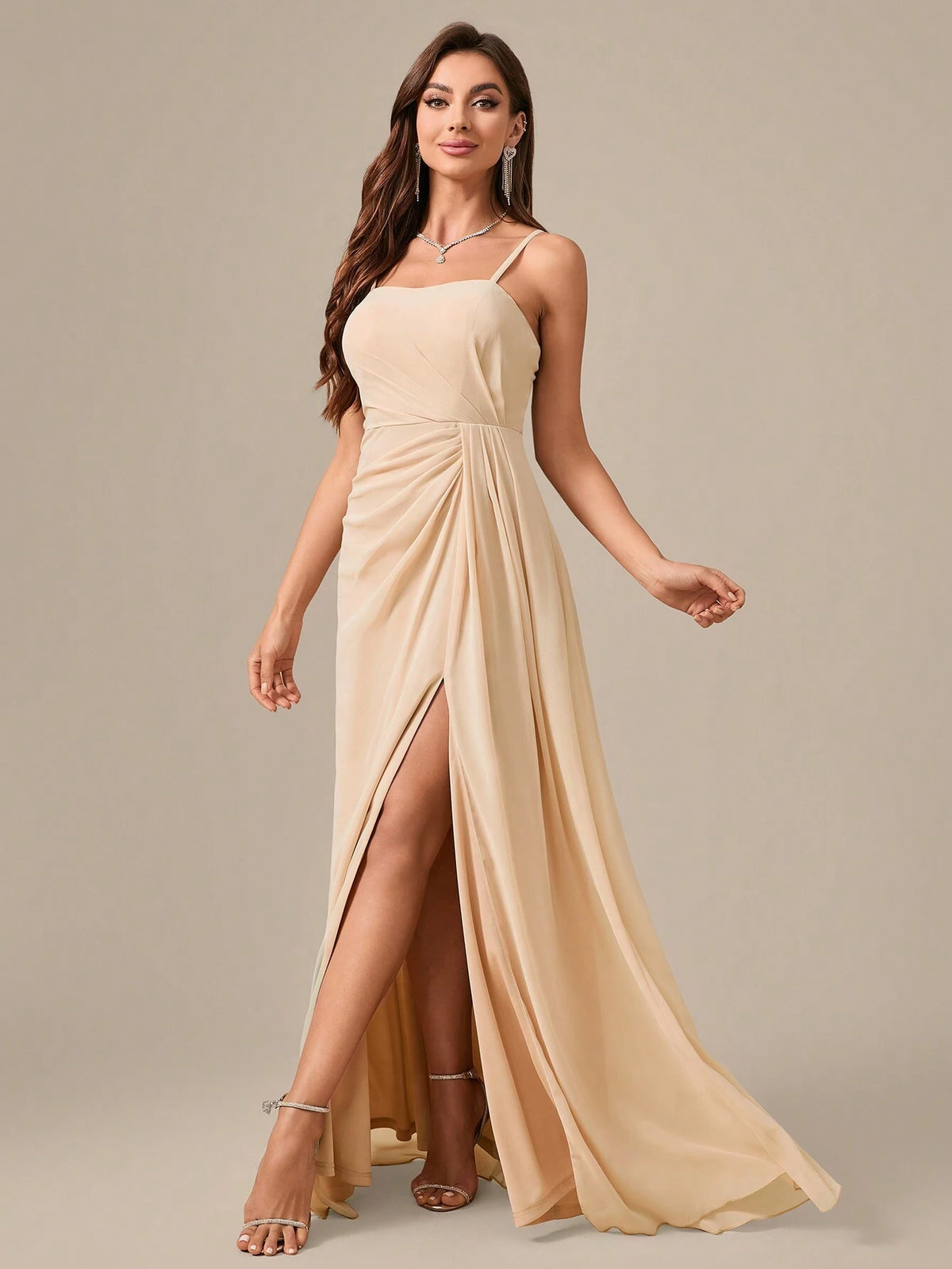 Sleeveless, Floor-Length, Chiffon Evening Dress With Pleated Waist, Slit And Elegant Elegant