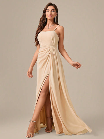 Sleeveless, Floor-Length, Chiffon Evening Dress With Pleated Waist, Slit And Elegant Elegant