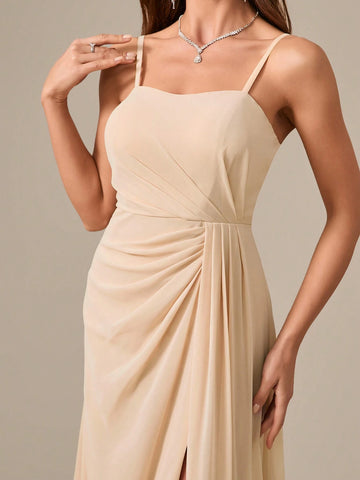 Sleeveless, Floor-Length, Chiffon Evening Dress With Pleated Waist, Slit And Elegant Elegant