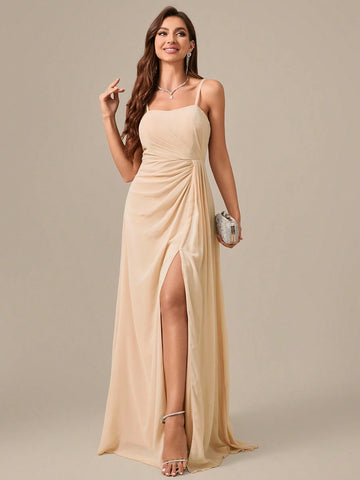 Sleeveless, Floor-Length, Chiffon Evening Dress With Pleated Waist, Slit And Elegant Elegant