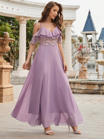 Sleeveless Lace Trimmed Waist Beaded Embroidered Chiffon Formal Dress