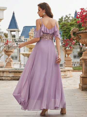 Sleeveless Lace Trimmed Waist Beaded Embroidered Chiffon Formal Dress