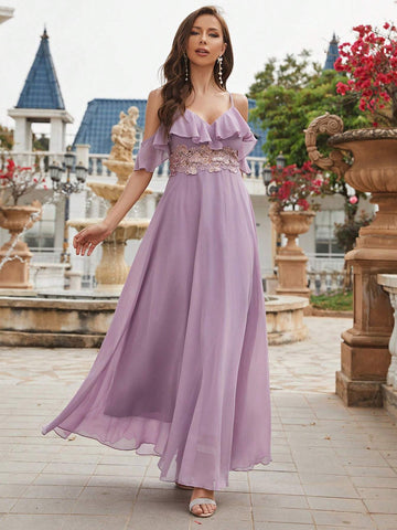 Sleeveless Lace Trimmed Waist Beaded Embroidered Chiffon Formal Dress