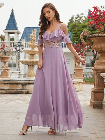 Sleeveless Lace Trimmed Waist Beaded Embroidered Chiffon Formal Dress