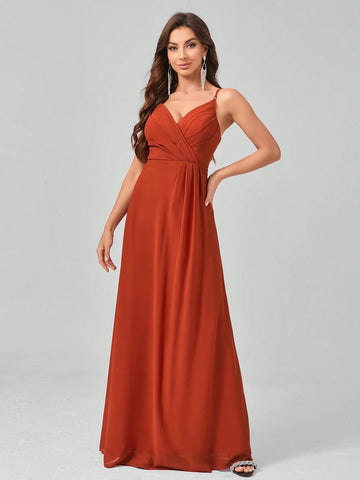 Sleeveless Pleated V-Neck Backless Chiffon Maxi Dress With Elegant Design For Formal Occasions