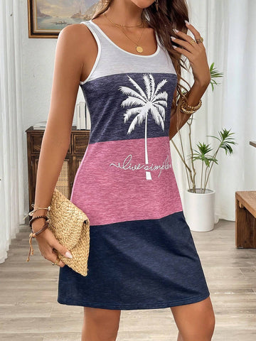 Sleeveless Round Neck Color Block Printed Vacation Dress