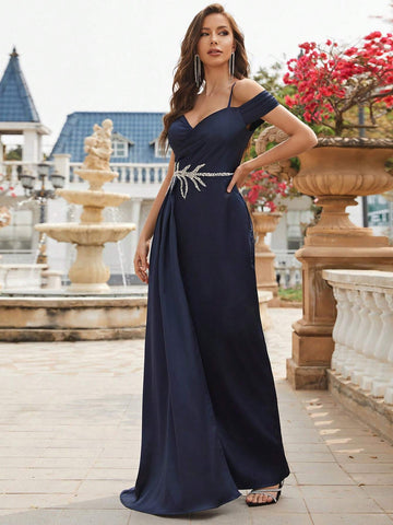 Sleeveless Satin Off-Shoulder Long Dress With Waist Rhinestone And Side Slit, Formal Evening Dress