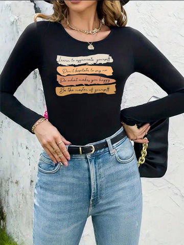 Slogan Print Round Neck Long Sleeve Casual Jumpsuit