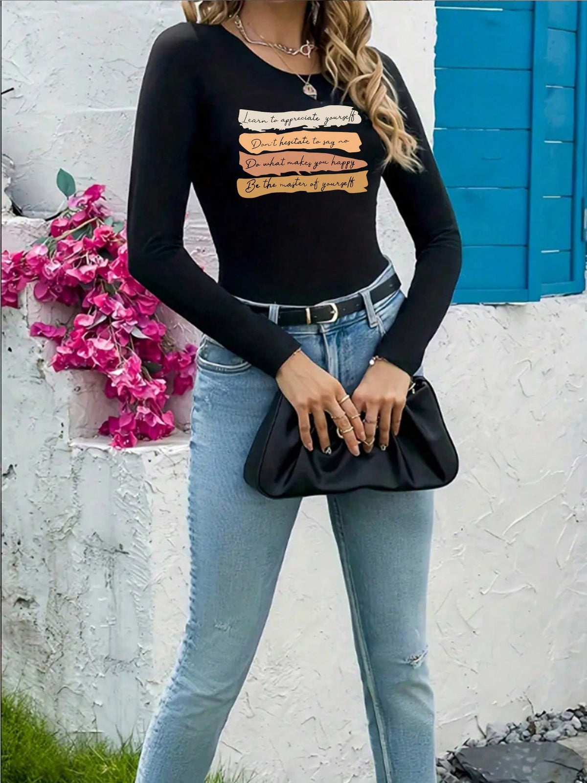 Slogan Print Round Neck Long Sleeve Casual Jumpsuit