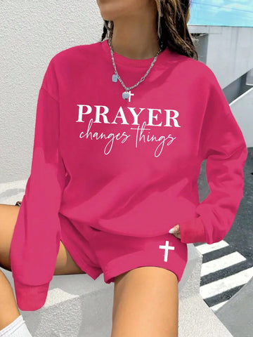 Slogan Printed Round Neck Sweatshirt And Cross Printed Shorts Two Piece Set