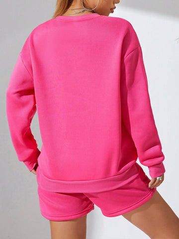 Slogan Printed Round Neck Sweatshirt And Cross Printed Shorts Two Piece Set