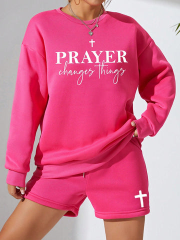 Slogan Printed Round Neck Sweatshirt And Cross Printed Shorts Two Piece Set