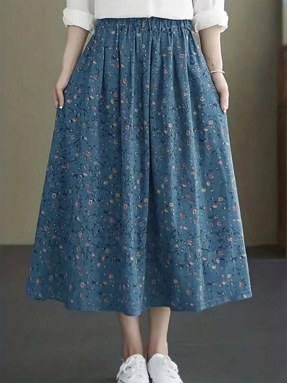 LUNE Small Floral Print Elastic Waist Midi Skirt