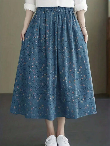 LUNE Small Floral Print Elastic Waist Midi Skirt