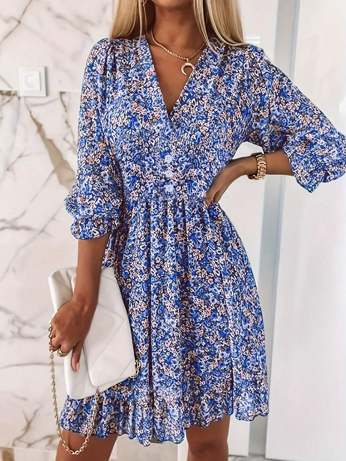 Small Floral Print V-Neck Dress With Ruffle Hem