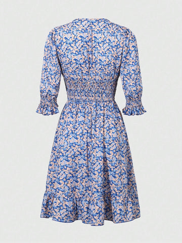 Small Floral Print V-Neck Dress With Ruffle Hem