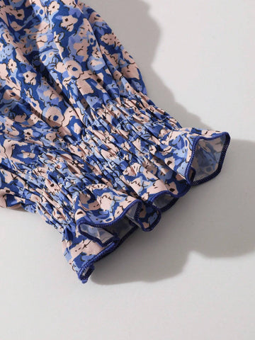 Small Floral Print V-Neck Dress With Ruffle Hem