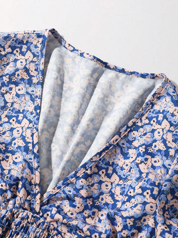 Small Floral Print V-Neck Dress With Ruffle Hem