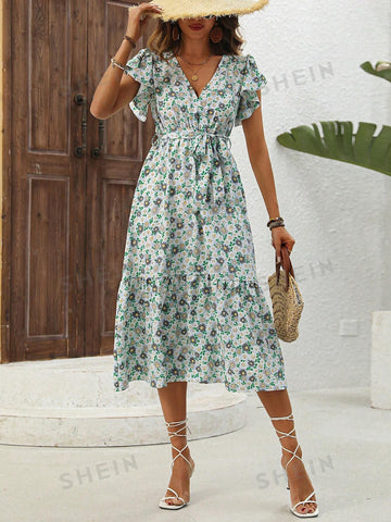 Small Flower Print Ruffle Trim Dress