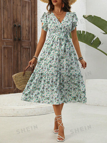 Small Flower Print Ruffle Trim Dress