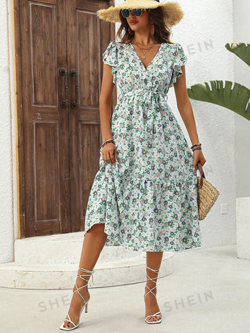 Small Flower Print Ruffle Trim Dress