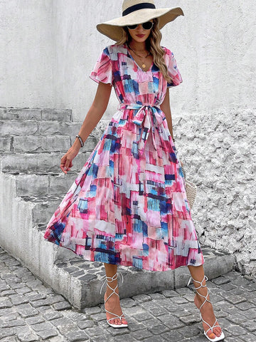 Soft Gradient Shattered Print V-Neck Ruffle Elastic Sleeves Cinched Waist Dress For Tall Women,