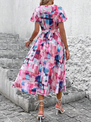 Soft Gradient Shattered Print V-Neck Ruffle Elastic Sleeves Cinched Waist Dress For Tall Women,