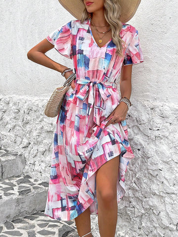 Soft Gradient Shattered Print V-Neck Ruffle Elastic Sleeves Cinched Waist Dress For Tall Women,