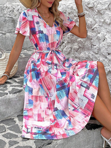 Soft Gradient Shattered Print V-Neck Ruffle Elastic Sleeves Cinched Waist Dress For Tall Women,