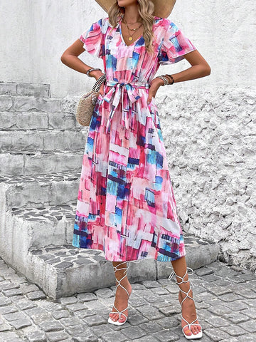 Soft Gradient Shattered Print V-Neck Ruffle Elastic Sleeves Cinched Waist Dress For Tall Women,
