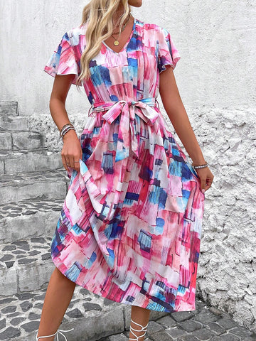 Soft Gradient Shattered Print V-Neck Ruffle Elastic Sleeves Cinched Waist Dress For Tall Women,