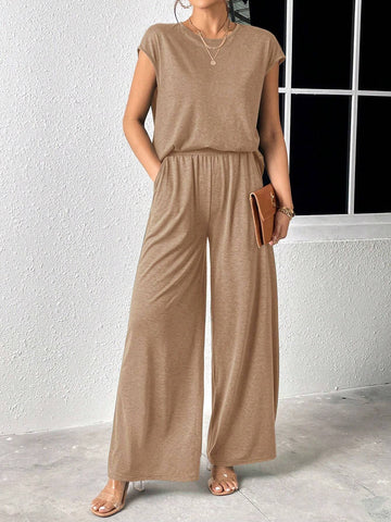 Solid Batwing Sleeve Tee & Wide Leg Pants