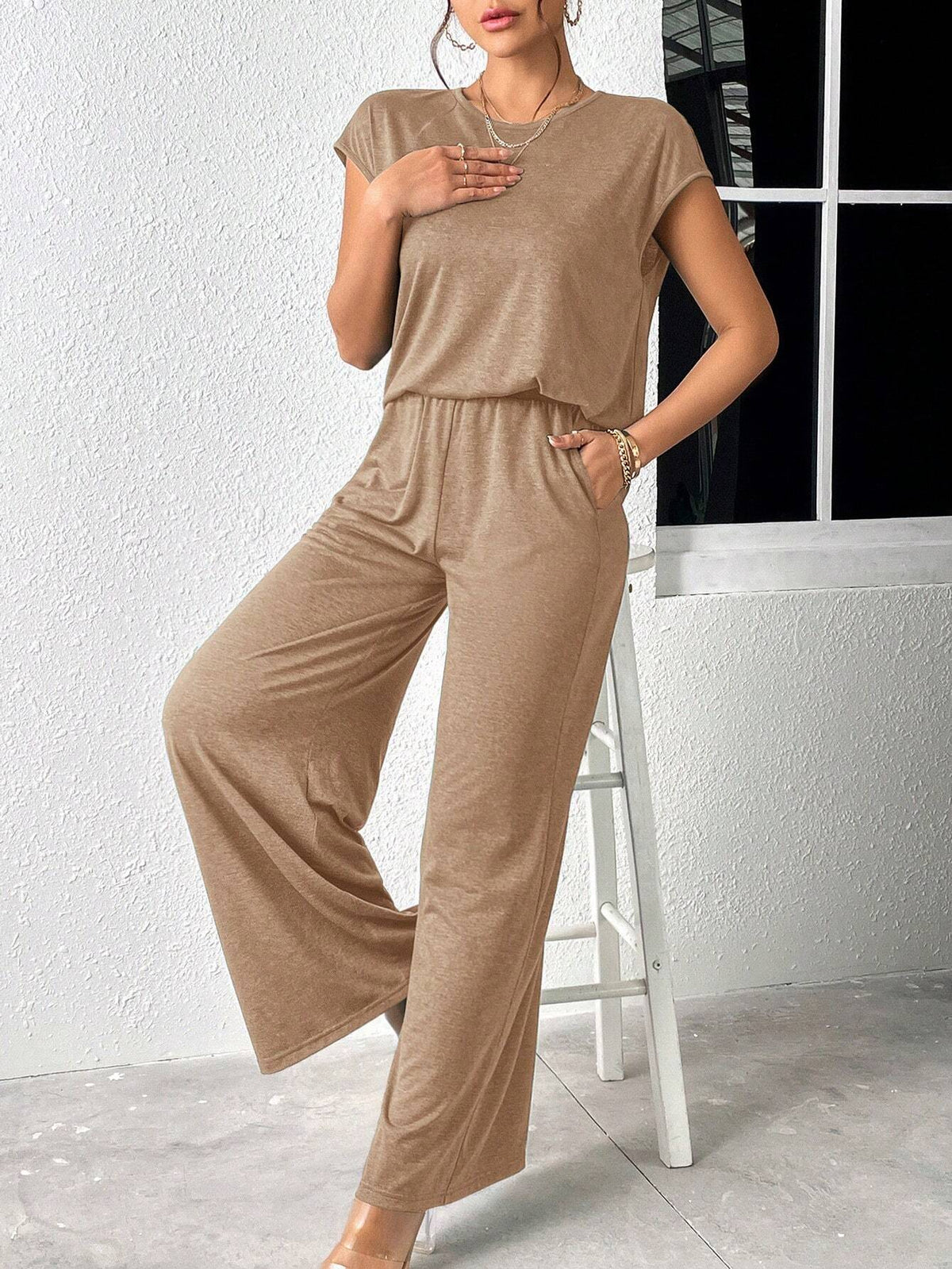 Solid Batwing Sleeve Tee & Wide Leg Pants