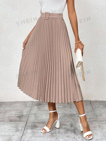 LUNE Solid Belted Pleated Skirt