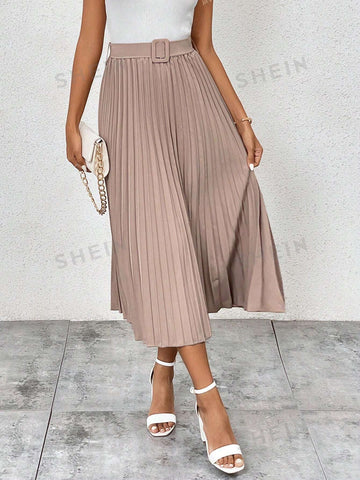 LUNE Solid Belted Pleated Skirt