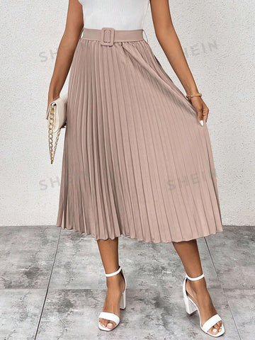 LUNE Solid Belted Pleated Skirt