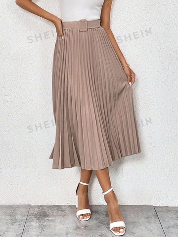 LUNE Solid Belted Pleated Skirt