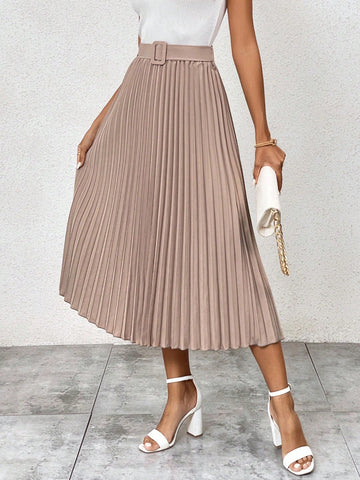 LUNE Solid Belted Pleated Skirt
