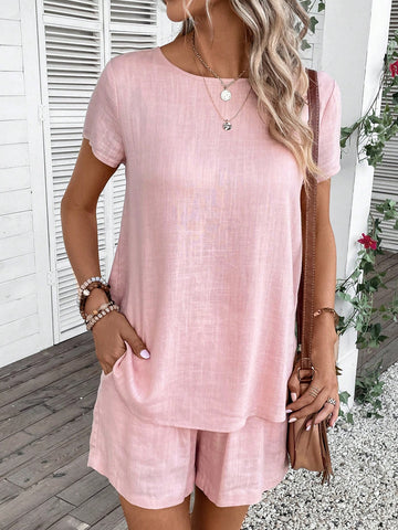 Solid Blouse & Slant Pocket Shorts