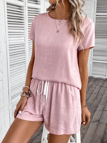 Solid Blouse & Slant Pocket Shorts